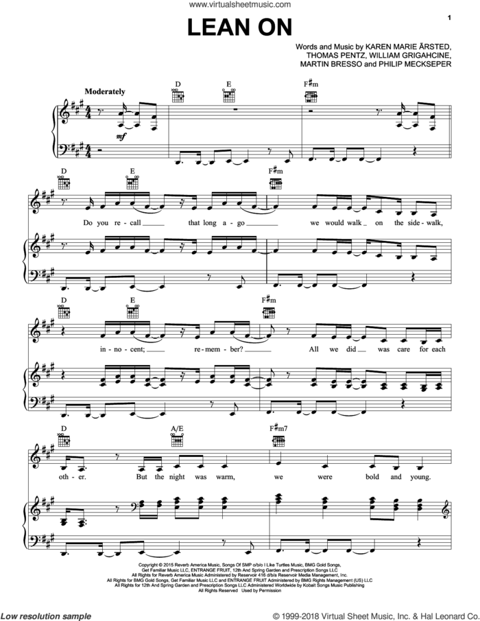 Lean On sheet music for voice, piano or guitar by Pentatonix, Major Lazer & DJ Snake Feat. MA�Au, Major Lazer & DJ Snake Feat. MAu, Karen Marie Orsted, Karen Orsted, Martin Bresso, Philip Meckseper, Thomas Wesley Pentz and William Grigahcine, intermediate skill level