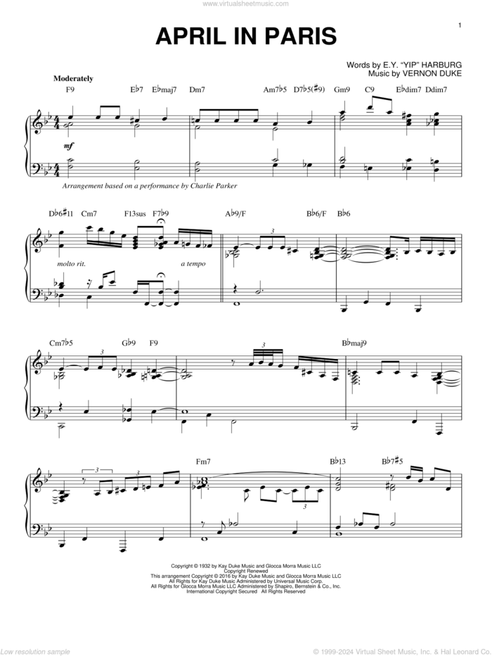 April In Paris (arr. Brent Edstrom) sheet music for piano solo by Charlie Parker, Coleman Hawkins, Count Basie, Modernaires, E.Y. Harburg and Vernon Duke, intermediate skill level