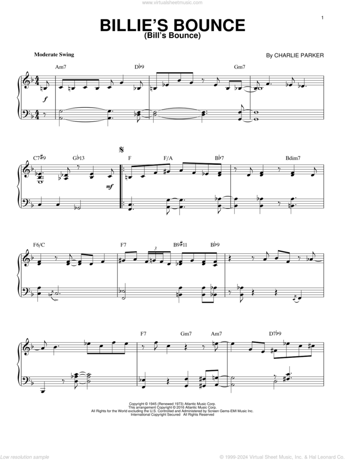 Billie's Bounce (Bill's Bounce) (arr. Brent Edstrom) sheet music for piano solo by Charlie Parker, intermediate skill level