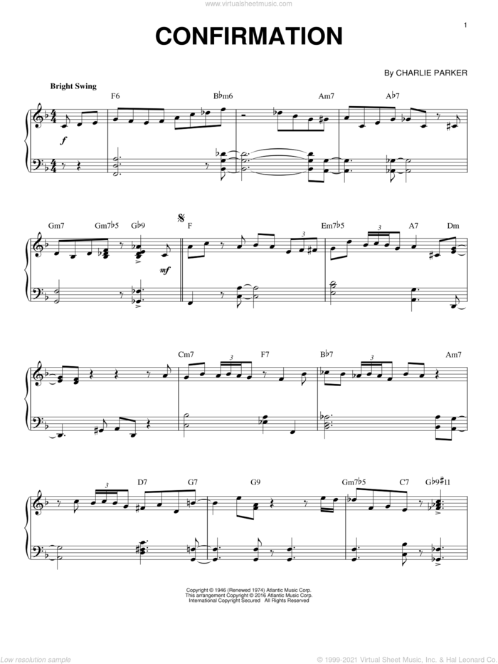 Confirmation (arr. Brent Edstrom) sheet music for piano solo by Charlie Parker, intermediate skill level