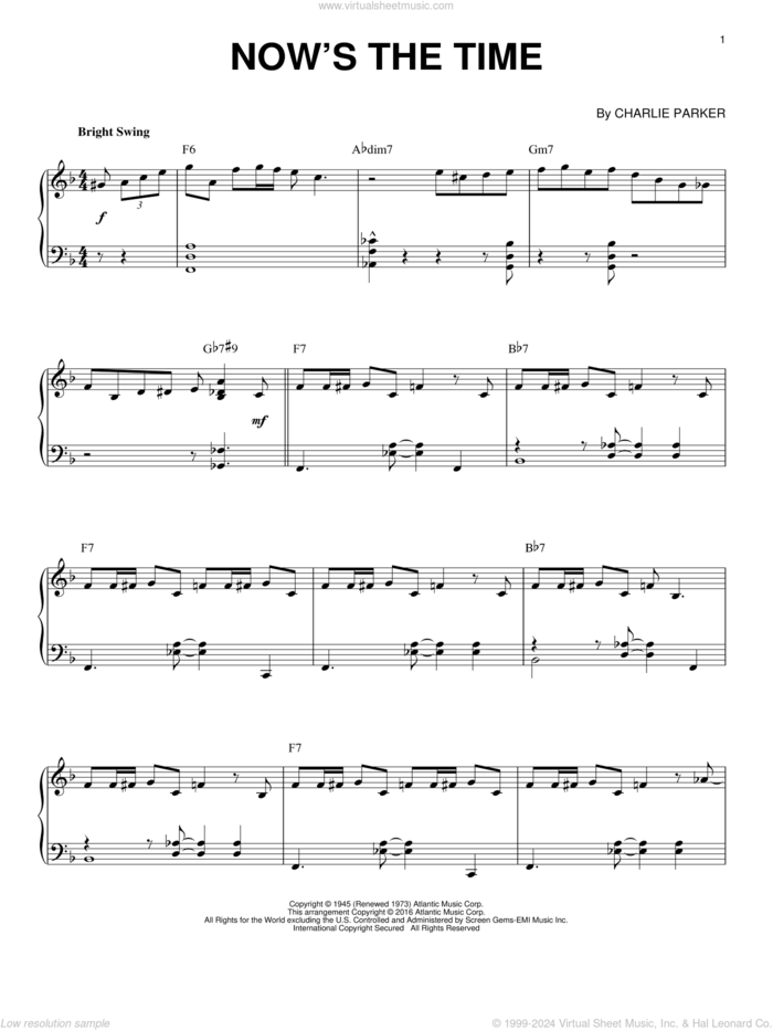 Now's The Time (arr. Brent Edstrom) sheet music for piano solo by Charlie Parker, intermediate skill level