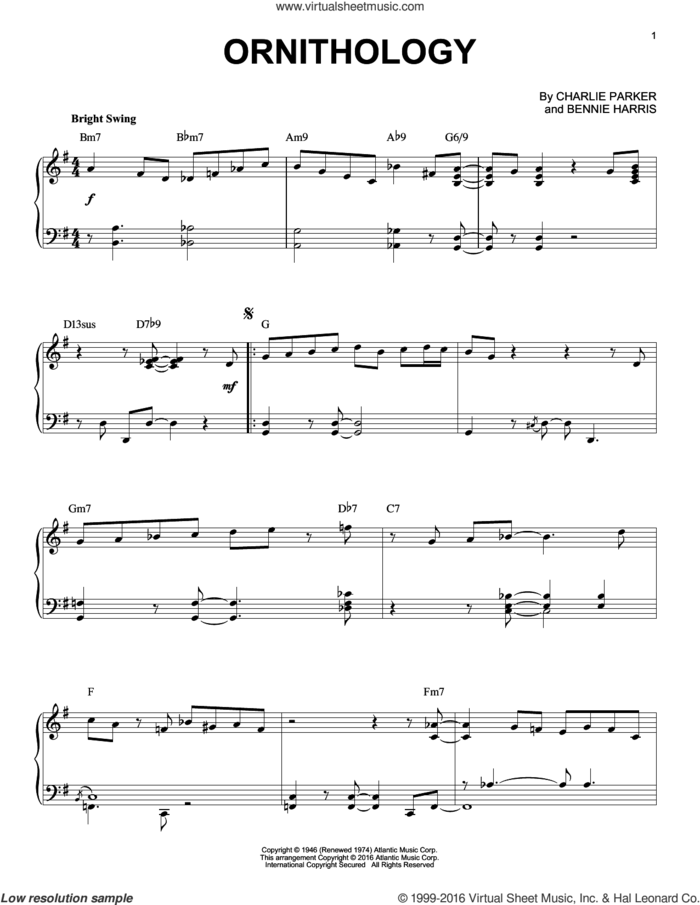 Ornithology (arr. Brent Edstrom) sheet music for piano solo by Charlie Parker and Bennie Harris, intermediate skill level