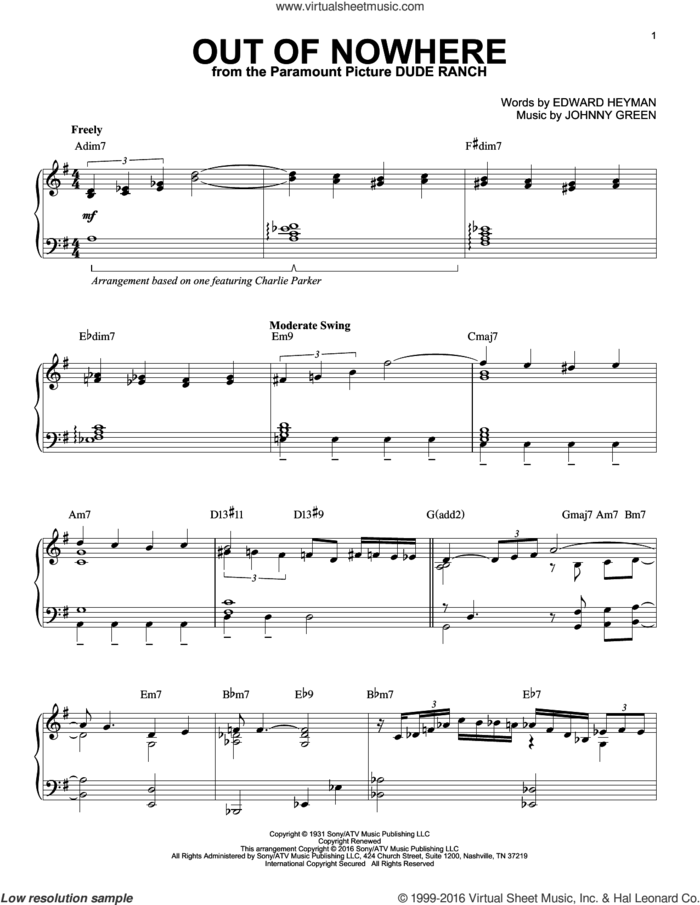 Out Of Nowhere (arr. Brent Edstrom) sheet music for piano solo by Charlie Parker, Buddy DeFranco, Edward Heyman and Johnny Green, intermediate skill level