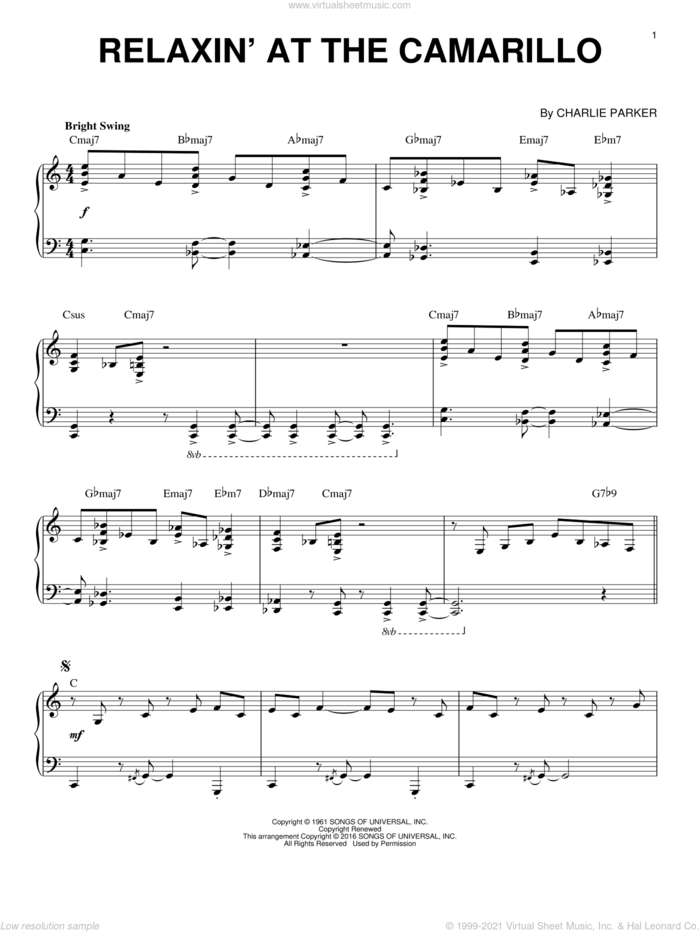 Relaxin' At The Camarillo (arr. Brent Edstrom) sheet music for piano solo by Charlie Parker, intermediate skill level