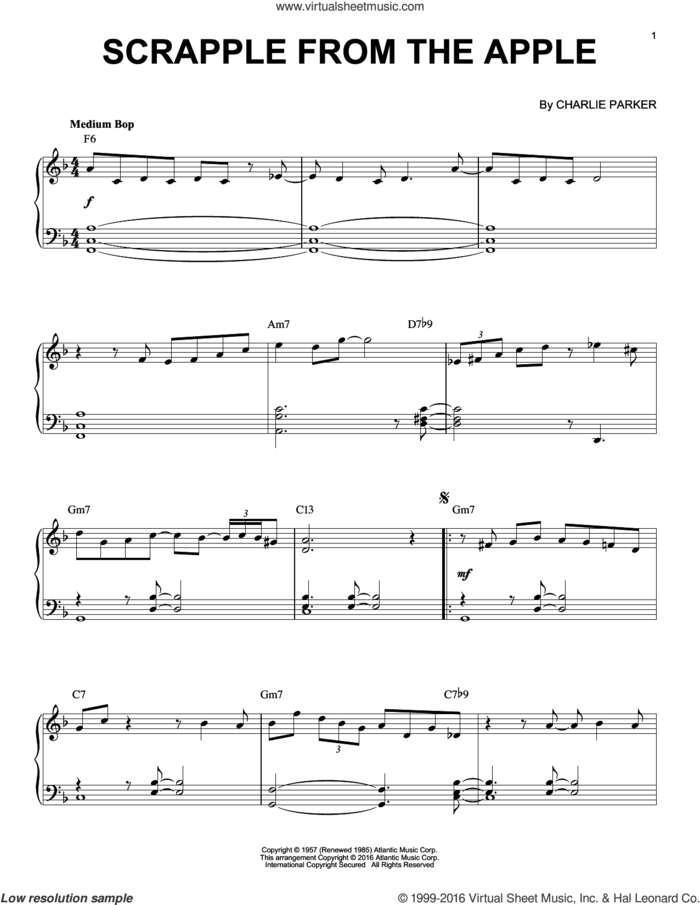 Scrapple From The Apple (arr. Brent Edstrom) sheet music for piano solo by Charlie Parker, intermediate skill level