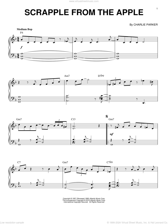 Scrapple From The Apple (arr. Brent Edstrom) sheet music for piano solo by Charlie Parker, intermediate skill level