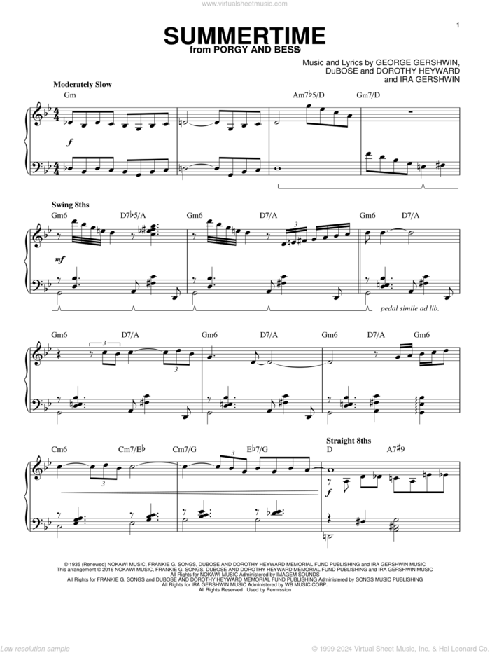 Summertime (arr. Brent Edstrom) sheet music for piano solo by Charlie Parker, Dorothy Heyward, DuBose Heyward, George Gershwin and Ira Gershwin, intermediate skill level