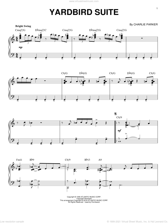 Yardbird Suite (arr. Brent Edstrom) sheet music for piano solo by Charlie Parker, intermediate skill level