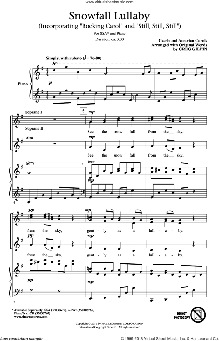 Snowfall Lullaby sheet music for choir (SSA: soprano, alto) by Greg Gilpin and Czech and Austrian Carols, intermediate skill level