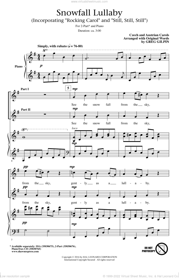 Snowfall Lullaby sheet music for choir (2-Part) by Greg Gilpin and Czech and Austrian Carols, intermediate duet
