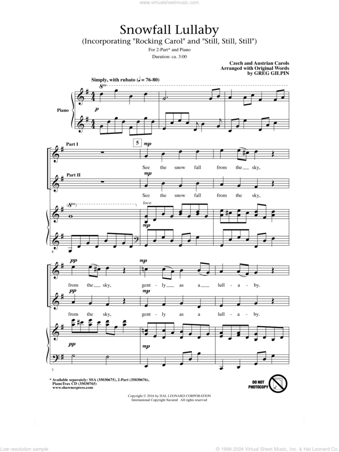 Snowfall Lullaby sheet music for choir (2-Part) by Greg Gilpin and Czech and Austrian Carols, intermediate duet