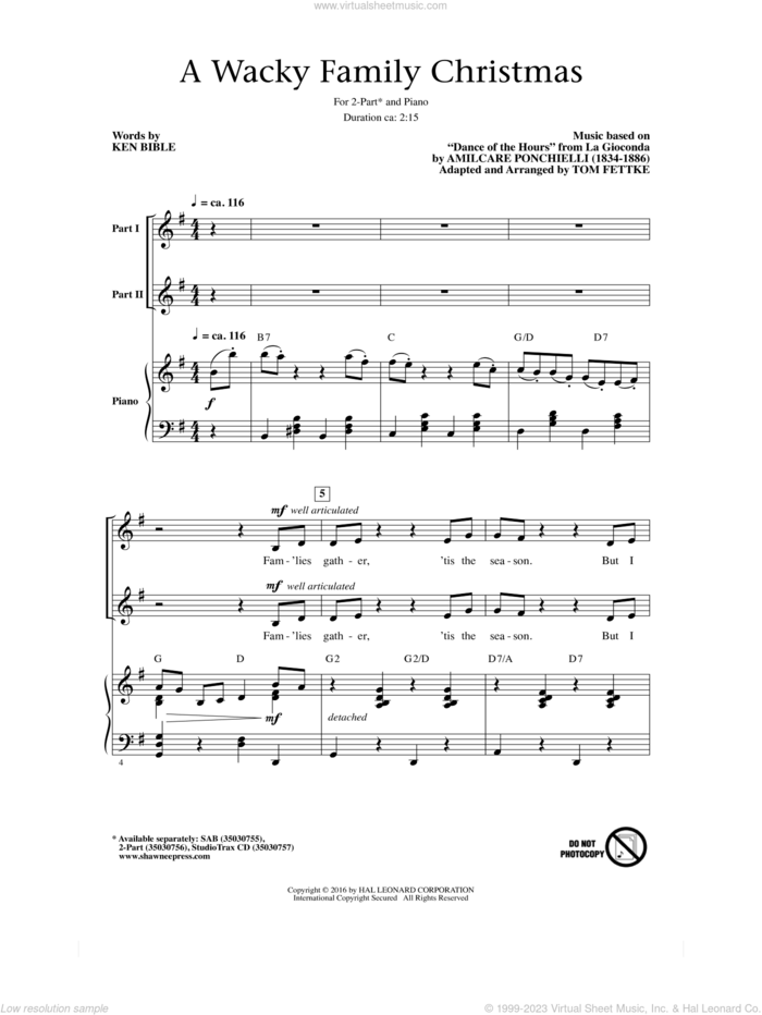 A Wacky Family Christmas sheet music for choir (2-Part) by Amilcare Ponchielli, Tom Fettke and Ken Bible, intermediate duet