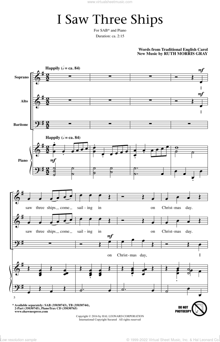 I Saw Three Ships sheet music for choir (SAB: soprano, alto, bass) by Ruth Morris Gray and Miscellaneous, intermediate skill level