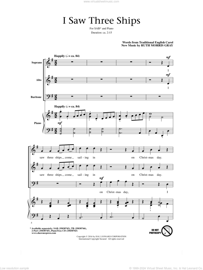 I Saw Three Ships sheet music for choir (SAB: soprano, alto, bass) by Ruth Morris Gray and Miscellaneous, intermediate skill level