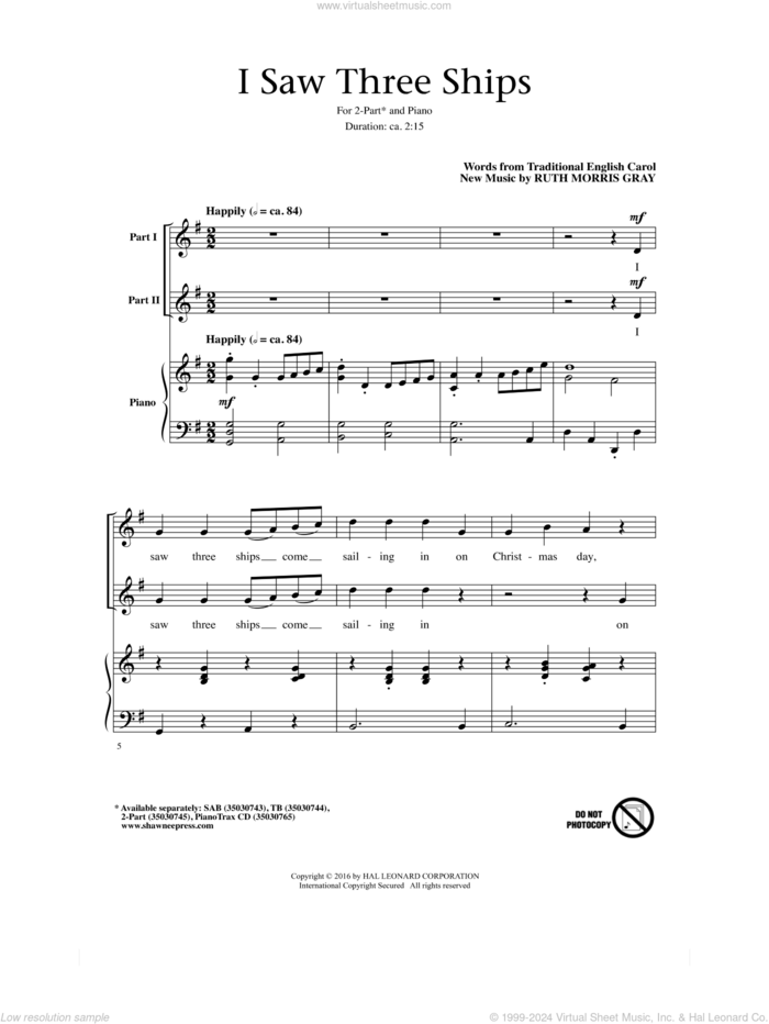 I Saw Three Ships sheet music for choir (2-Part) by Ruth Morris Gray and Miscellaneous, intermediate duet