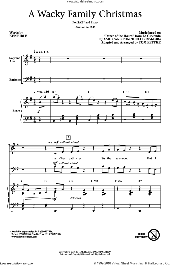 A Wacky Family Christmas sheet music for choir (SAB: soprano, alto, bass) by Amilcare Ponchielli, Tom Fettke and Ken Bible, intermediate skill level