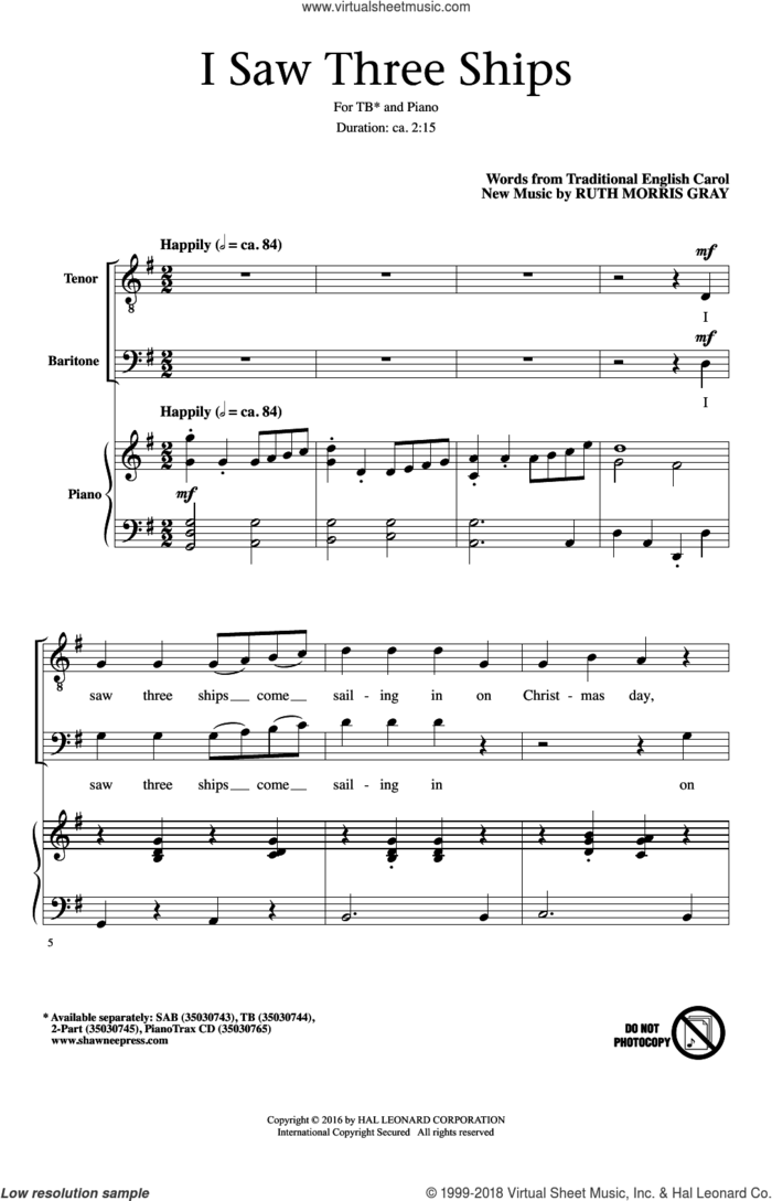 I Saw Three Ships sheet music for choir (TB: tenor, bass) by Ruth Morris Gray and Miscellaneous, intermediate skill level