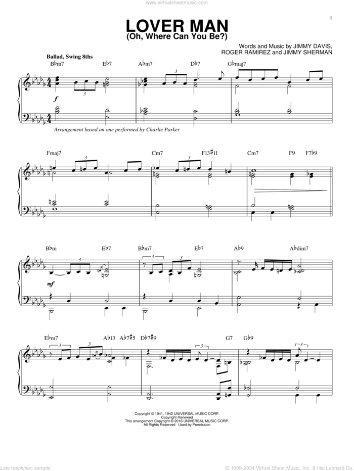 Lover Man (Oh, Where Can You Be?) (arr. Brent Edstrom) sheet music for piano solo by Charlie Parker, Billie Holiday, Jimmie Davis, Jimmy Sherman and Roger Ramirez, intermediate skill level