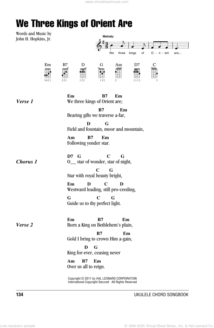 We Three Kings Of Orient Are sheet music for ukulele (chords) by John H. Hopkins, Jr., intermediate skill level