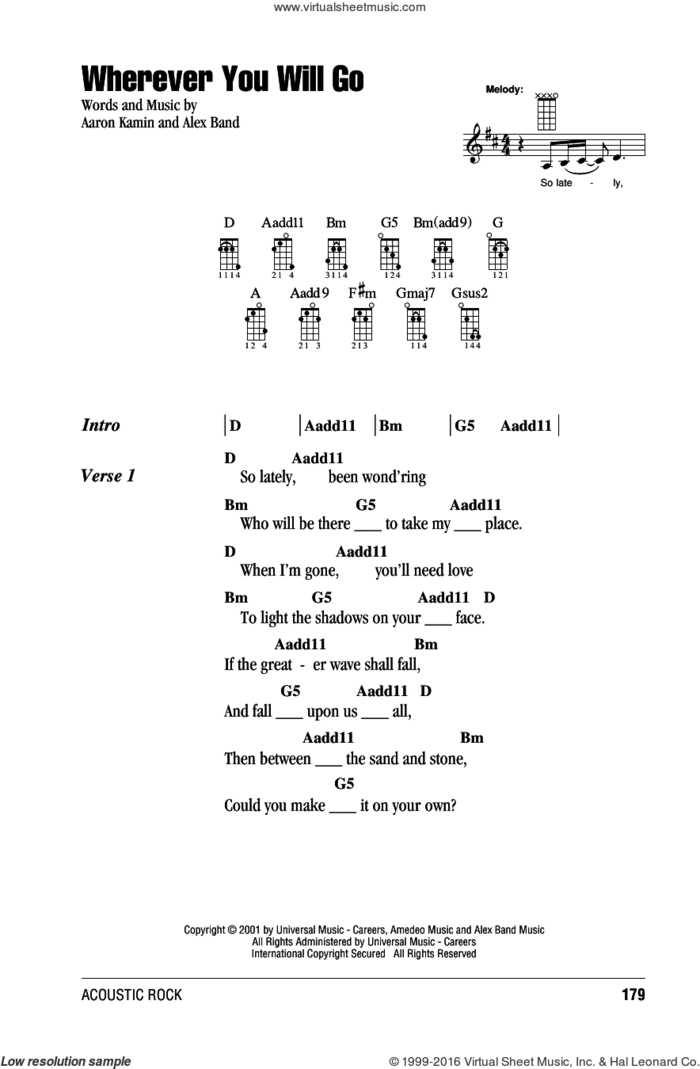 Wherever You Will Go sheet music for ukulele (chords) by The Calling, Aaron Kamin and Alex Band, intermediate skill level