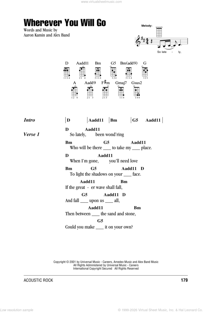 Wherever You Will Go sheet music for ukulele (chords) by The Calling, Aaron Kamin and Alex Band, intermediate skill level
