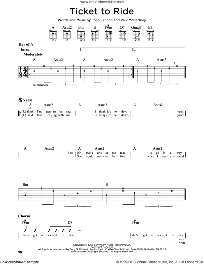 Ticket To Ride sheet music for guitar solo (lead sheet) by The Beatles, Carpenters, John Lennon and Paul McCartney, intermediate guitar (lead sheet)