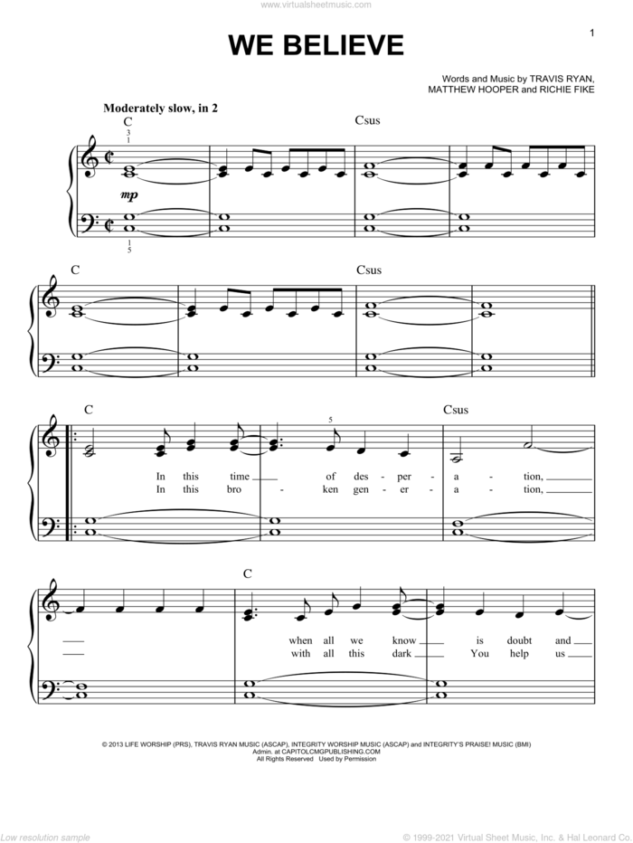 We Believe sheet music for piano solo by Newsboys, Matthew Hooper, Richie Fike and Travis Ryan, easy skill level