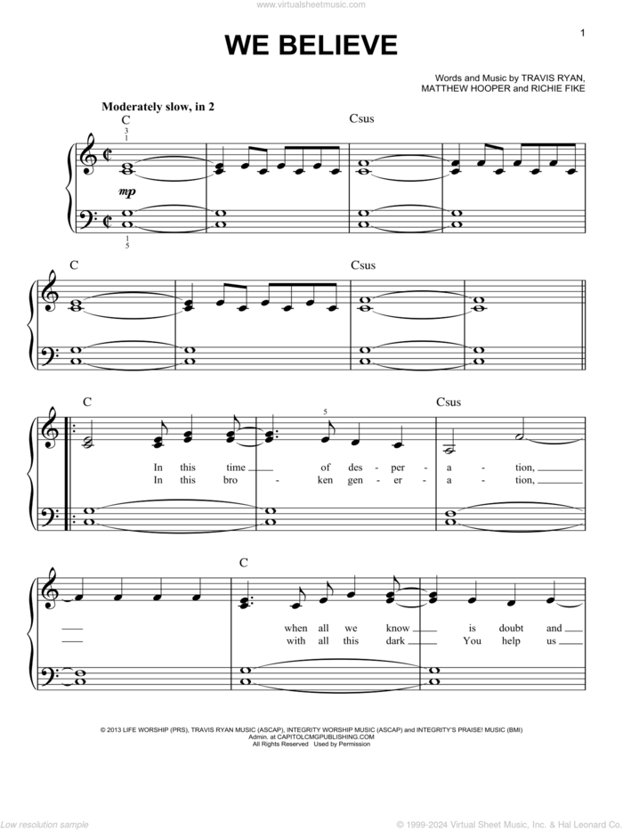 We Believe sheet music for piano solo by Newsboys, Matthew Hooper, Richie Fike and Travis Ryan, easy skill level