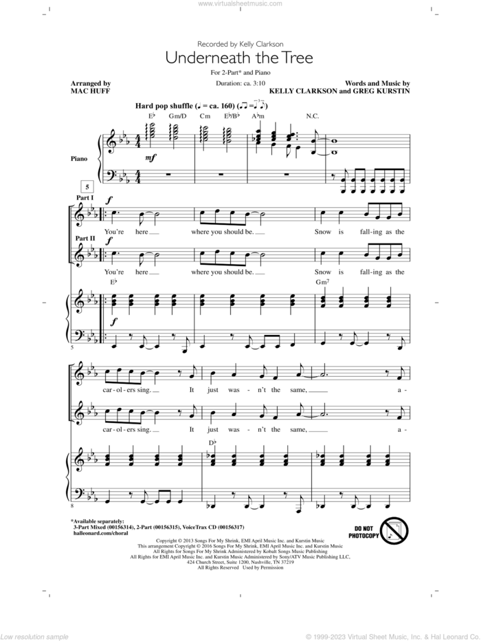 Underneath The Tree (arr. Mac Huff) sheet music for choir (2-Part) by Kelly Clarkson, Mac Huff and Greg Kurstin, intermediate duet