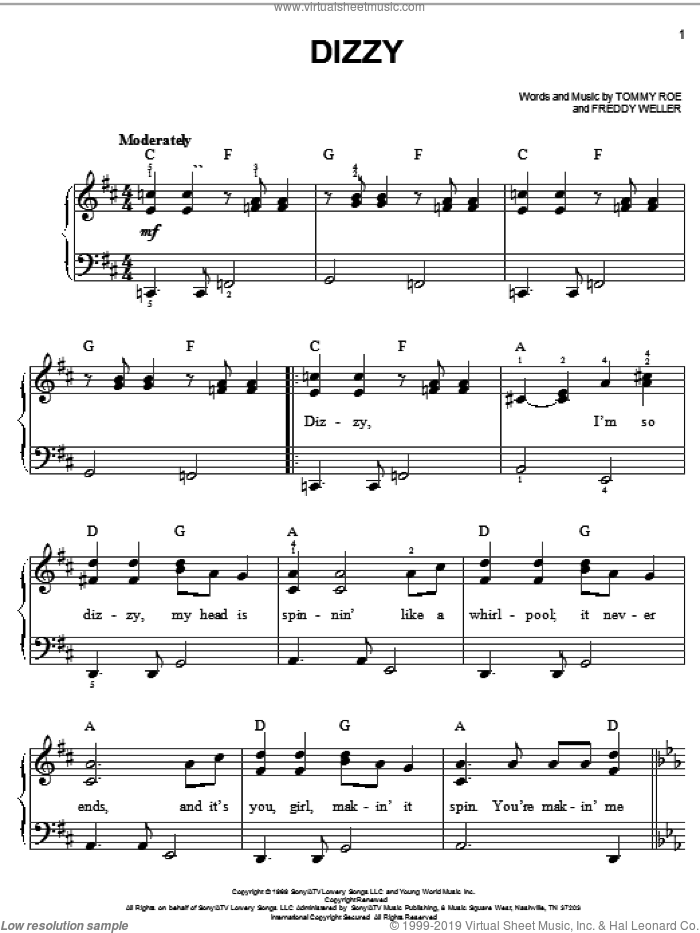 Dizzy sheet music for piano solo by Freddy Weller and Tommy Roe, easy skill level