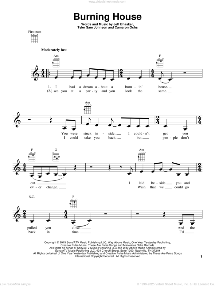 Burning House sheet music for ukulele by Cam, Camaron Ochs, Jeffrey Bhasker and Tyler Sam Johnson, intermediate skill level