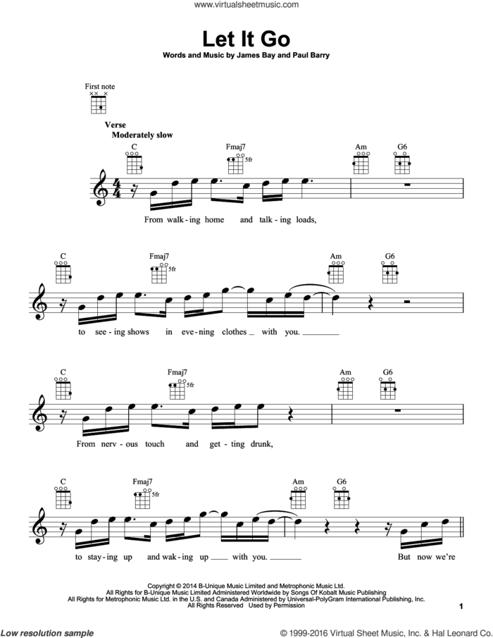 Let It Go sheet music for ukulele by James Bay and Paul Barry, intermediate skill level