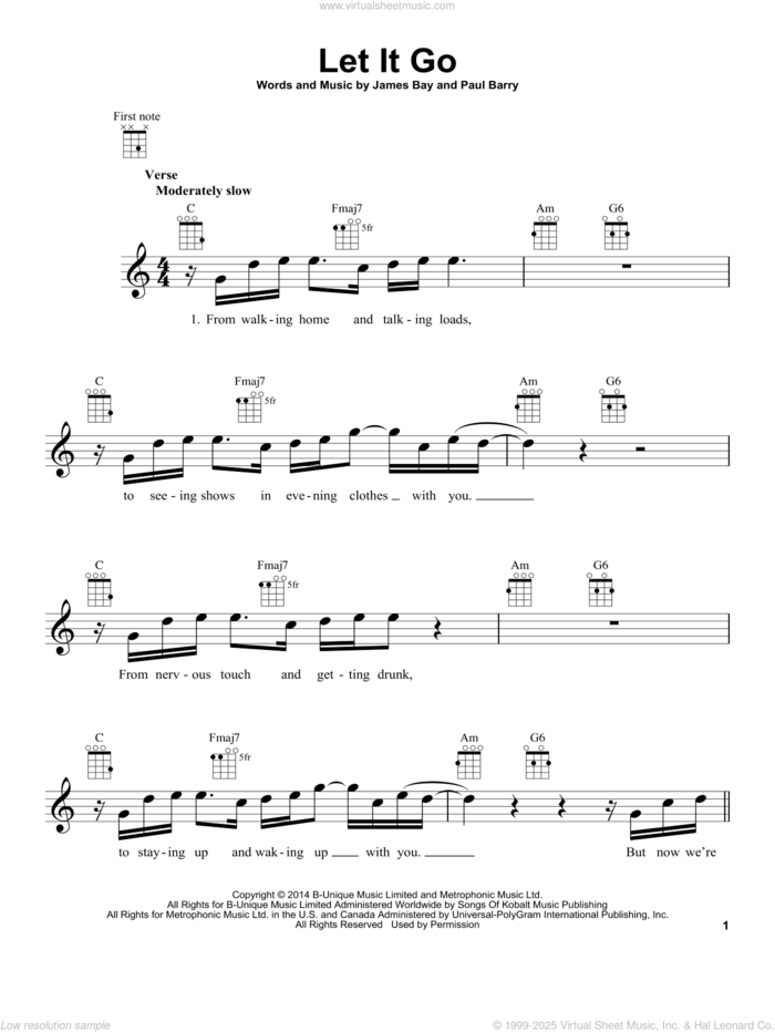 Let It Go sheet music for ukulele by James Bay and Paul Barry, intermediate skill level