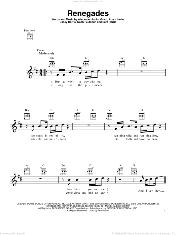 Renegades sheet music for ukulele by X Ambassadors, Adam Levin, Alexander Junior Grant, Casey Harris, Noah Feldshuh and Samuel Harris, intermediate skill level