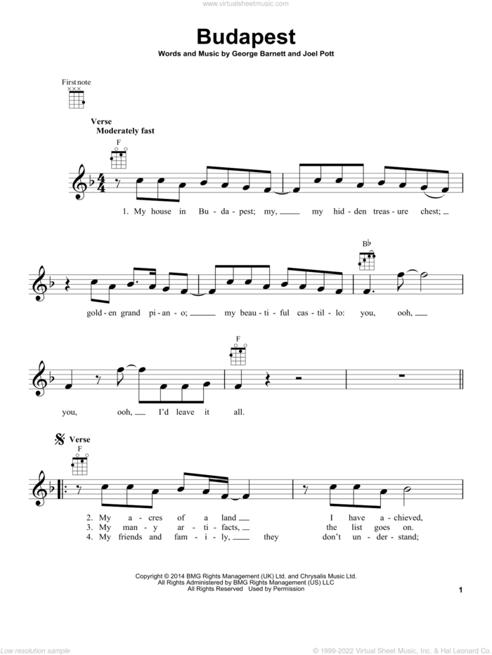 Budapest sheet music for ukulele by George Ezra, George Barnett and Joel Pott, intermediate skill level