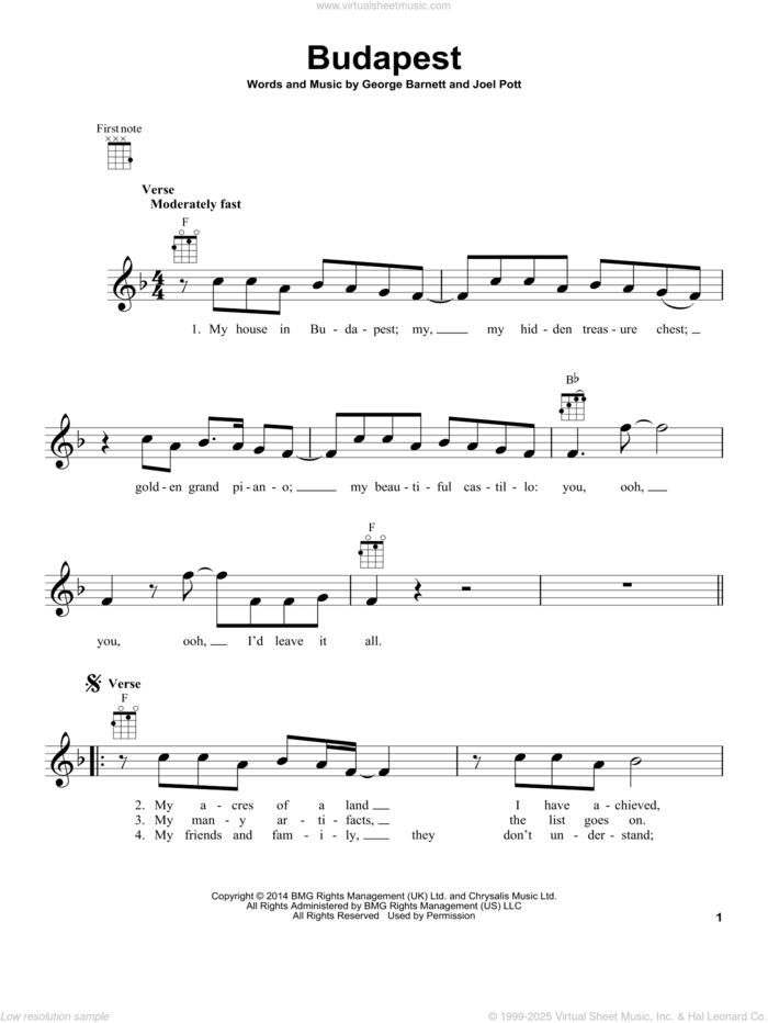 Budapest (from The Daily Ukulele) sheet music for ukulele by George Ezra, George Barnett and Joel Pott, intermediate skill level