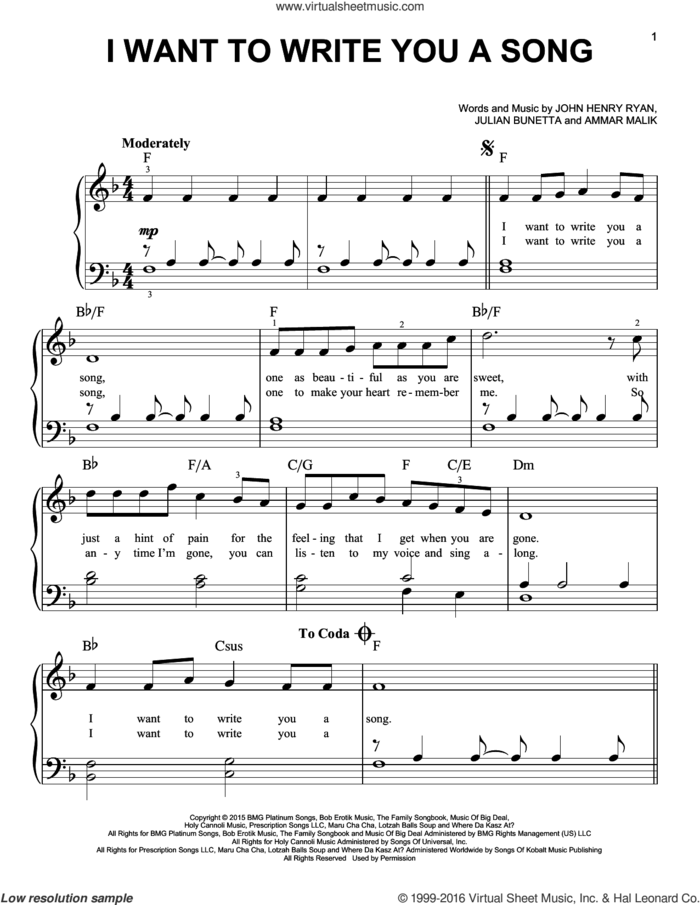 I Want To Write You A Song sheet music for piano solo by One Direction, Ammar Malik, John Henry Ryan and Julian Bunetta, easy skill level