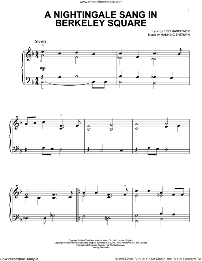 A Nightingale Sang In Berkeley Square, (easy) sheet music for piano solo by Manhattan Transfer, Eric Maschwitz and Manning Sherwin, easy skill level