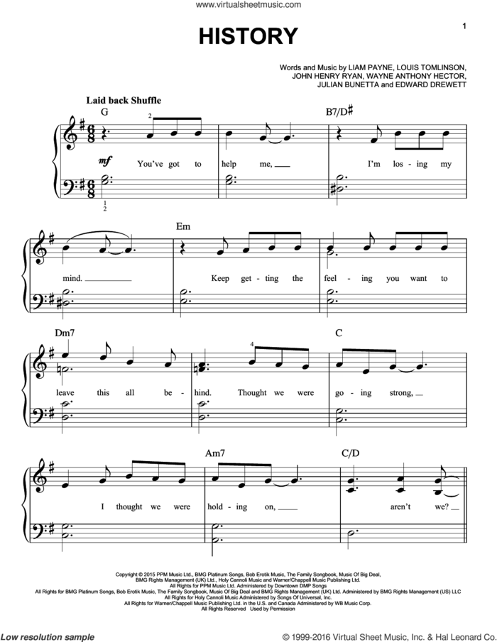 History sheet music for piano solo by One Direction, Edward Drewett, John Henry Ryan, Julian Bunetta, Liam Payne, Louis Tomlinson and Wayne Hector, easy skill level