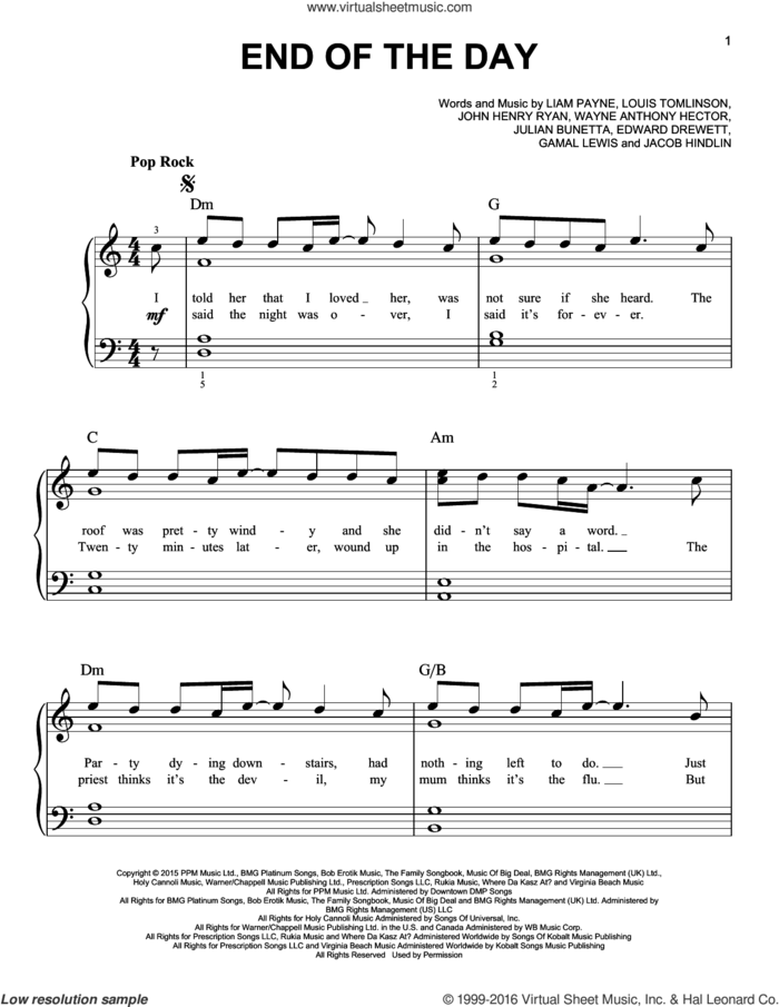 End Of The Day sheet music for piano solo by One Direction, Edward Drewett, Gamal Lewis, Jacob Hindlin, John Henry Ryan, Julian Bunetta, Liam Payne, Louis Tomlinson and Wayne Hector, easy skill level