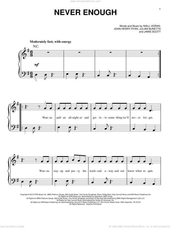 Never Enough sheet music for piano solo by One Direction, Jamie Scott, John Henry Ryan, Julian Bunetta and Niall Horan, easy skill level