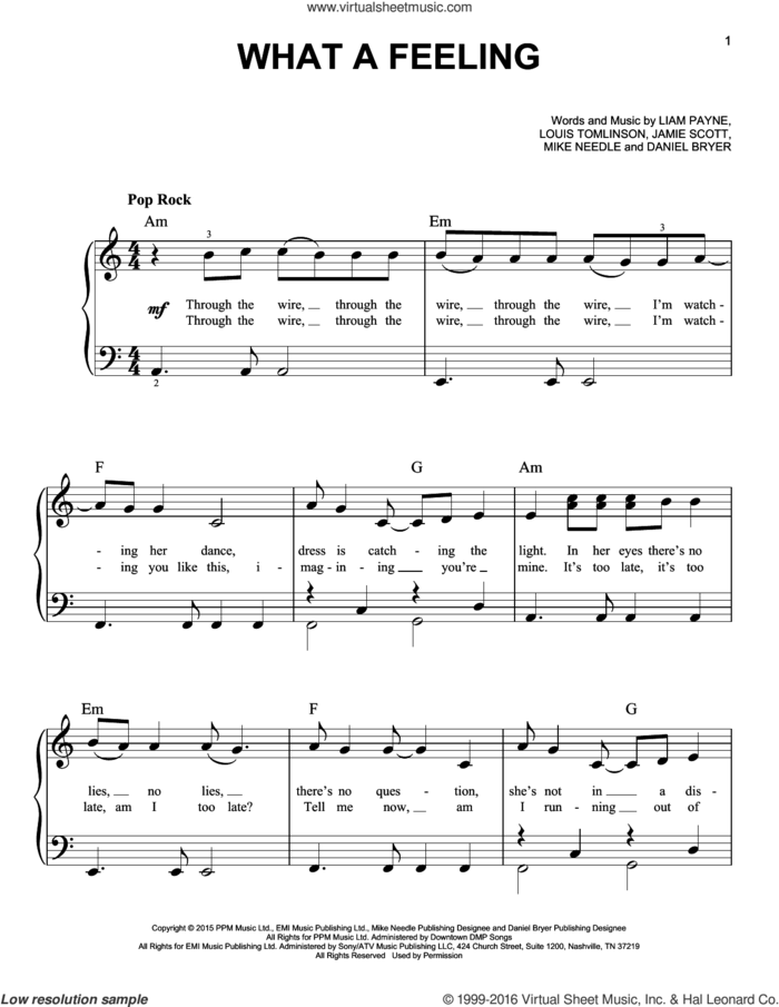 What A Feeling sheet music for piano solo by One Direction, Daniel Bryer, Jamie Scott, Liam Payne, Louis Tomlinson and Mike Needle, easy skill level