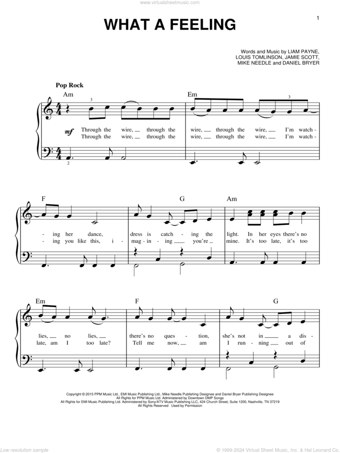 What A Feeling sheet music for piano solo by One Direction, Daniel Bryer, Jamie Scott, Liam Payne, Louis Tomlinson and Mike Needle, easy skill level