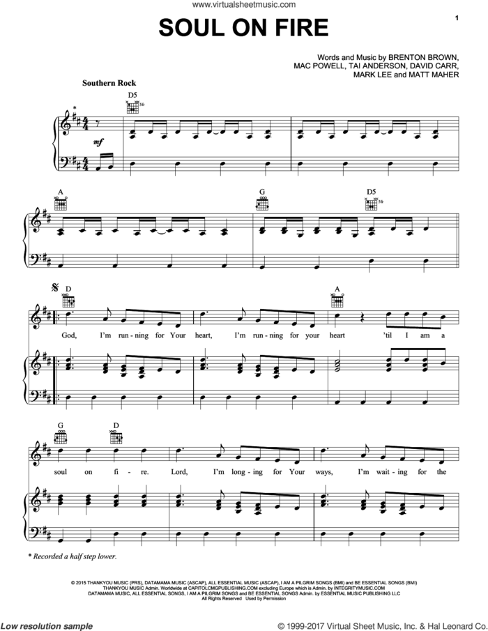Soul On Fire sheet music for voice, piano or guitar by Third Day, Brenton Brown, David Carr, Mac Powell, Mark Lee, Matt Maher and Tai Anderson, intermediate skill level