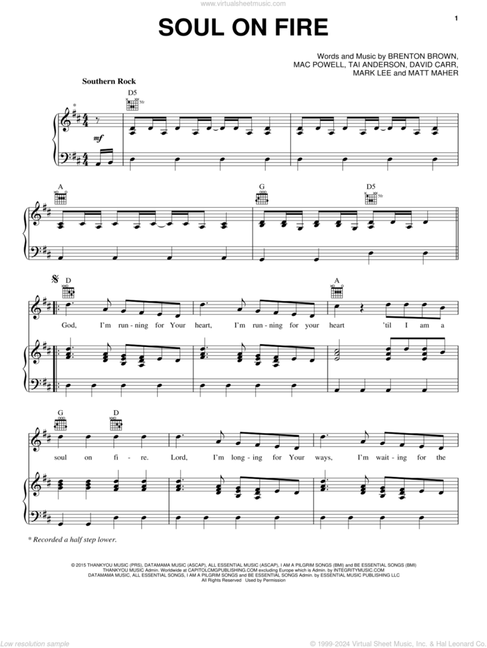 Soul On Fire sheet music for voice, piano or guitar by Third Day, Brenton Brown, David Carr, Mac Powell, Mark Lee, Matt Maher and Tai Anderson, intermediate skill level