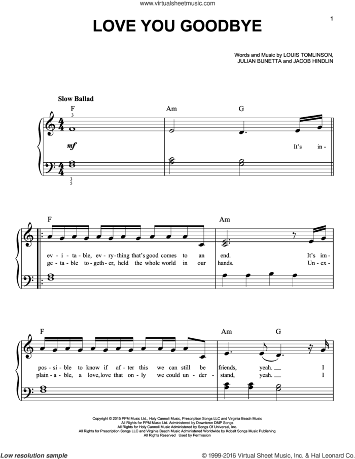 Love You Goodbye sheet music for piano solo by One Direction, Jacob Hindlin, Julian Bunetta and Louis Tomlinson, easy skill level