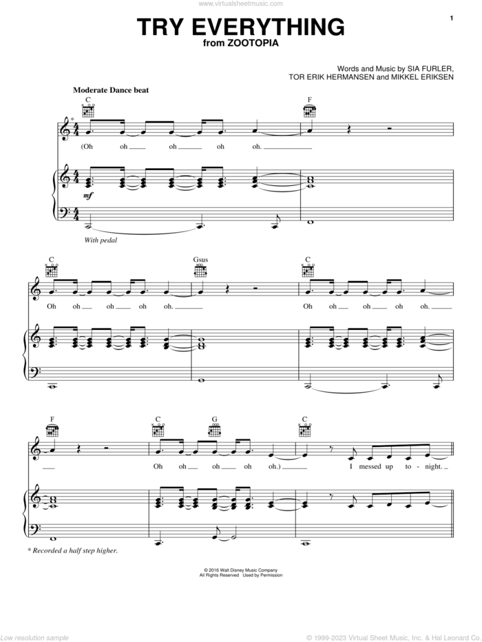 Try Everything (from Zootopia) sheet music for voice, piano or guitar by Shakira, Mikkel Eriksen, Sia Furler and Tor Erik Hermansen, intermediate skill level