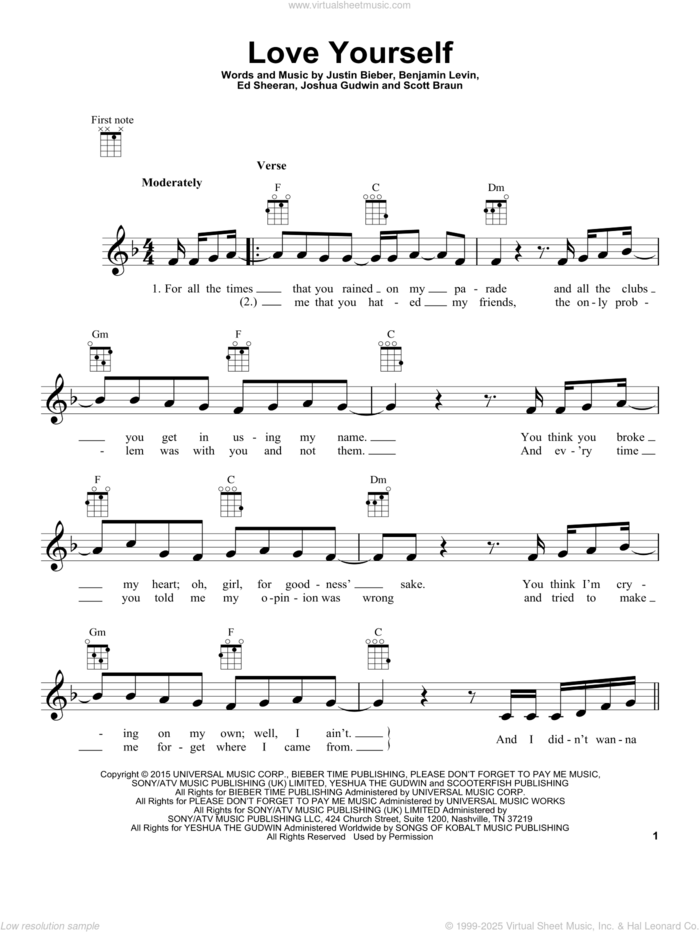 Love Yourself sheet music for ukulele by Justin Bieber, Benjamin Levin and Ed Sheeran, intermediate skill level