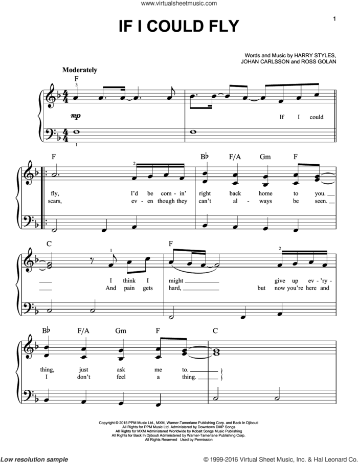 If I Could Fly sheet music for piano solo by One Direction, Harry Styles, Johan Carlsson and Ross Golan, easy skill level