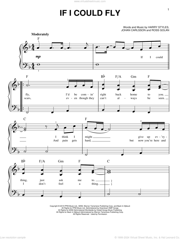 If I Could Fly sheet music for piano solo by One Direction, Harry Styles, Johan Carlsson and Ross Golan, easy skill level